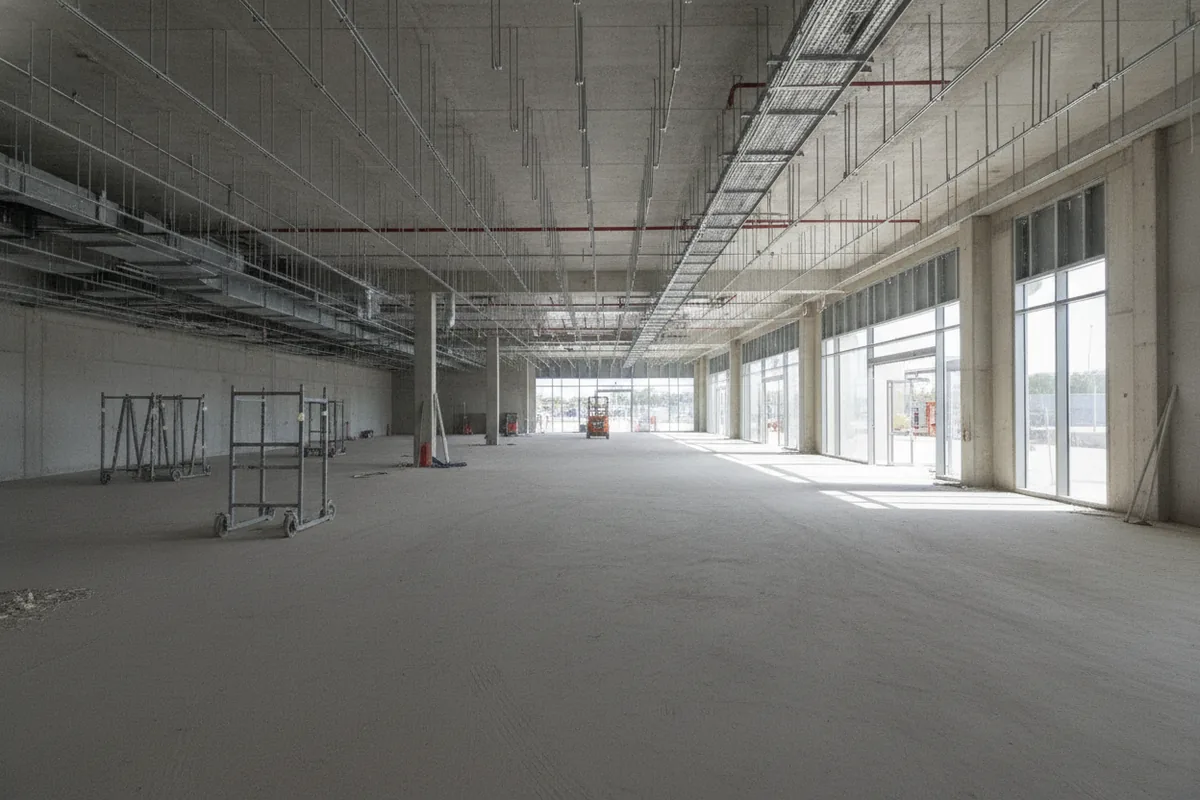 Unfitted retail tenancy shell with exposed soffit, ceiling hangers and service risers